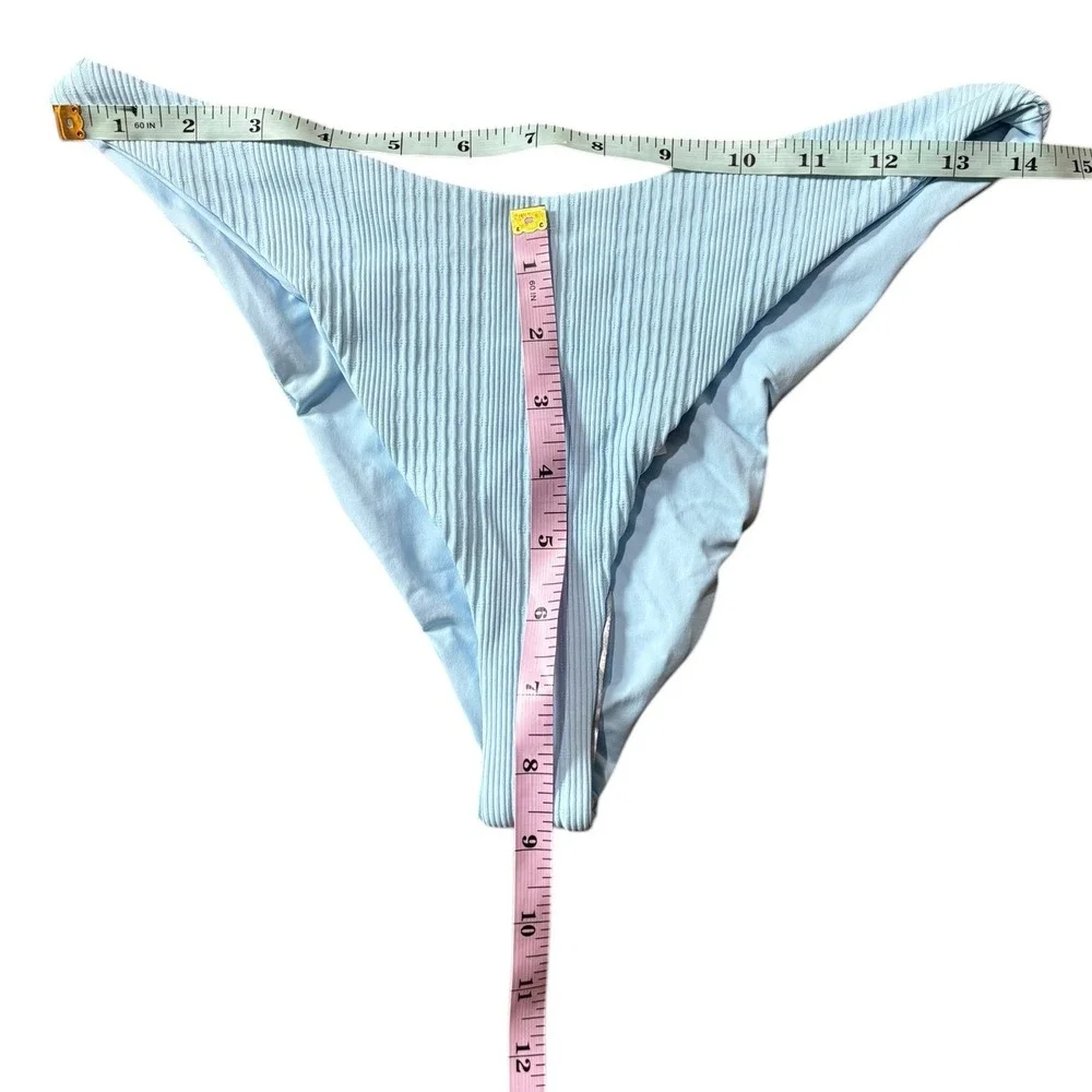 L*Space Bitsy Cut Ribbed V-Front High Leg‎ Bikini Bottoms Light Blue XL NWOT